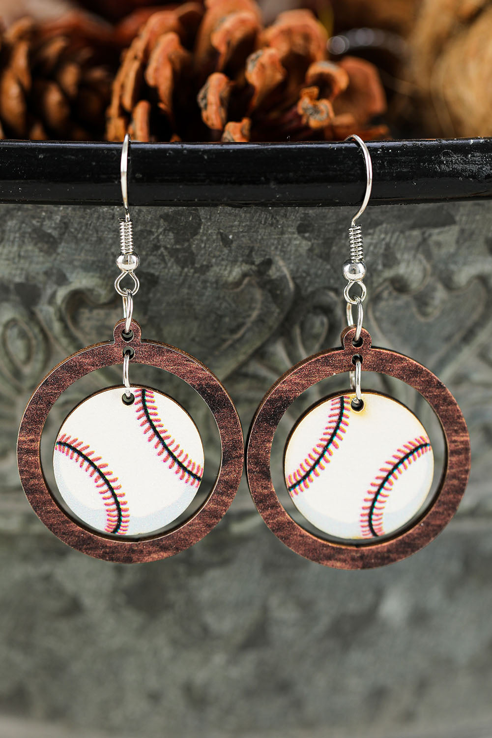 White Baseball Pattern Wood Round Drop Earrings