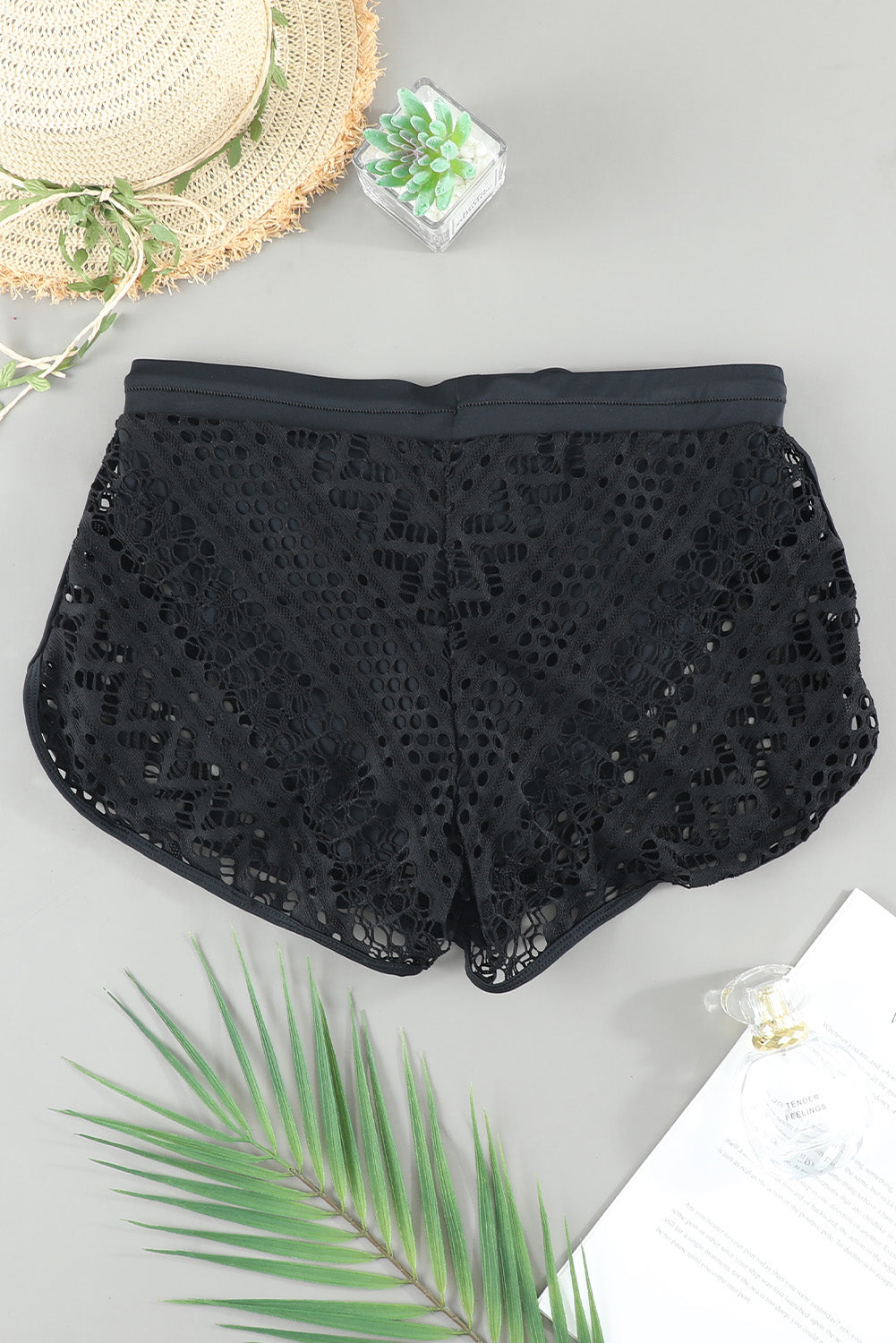 Black Hollow Out Lace Overlay Swim Short Bottom