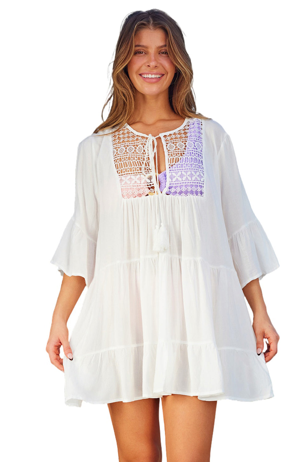 White Crochet Lace Panel Tie V Neck Beach Cover-up