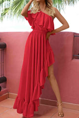 Red One Shoulder Ruffle High Low Maxi Dress