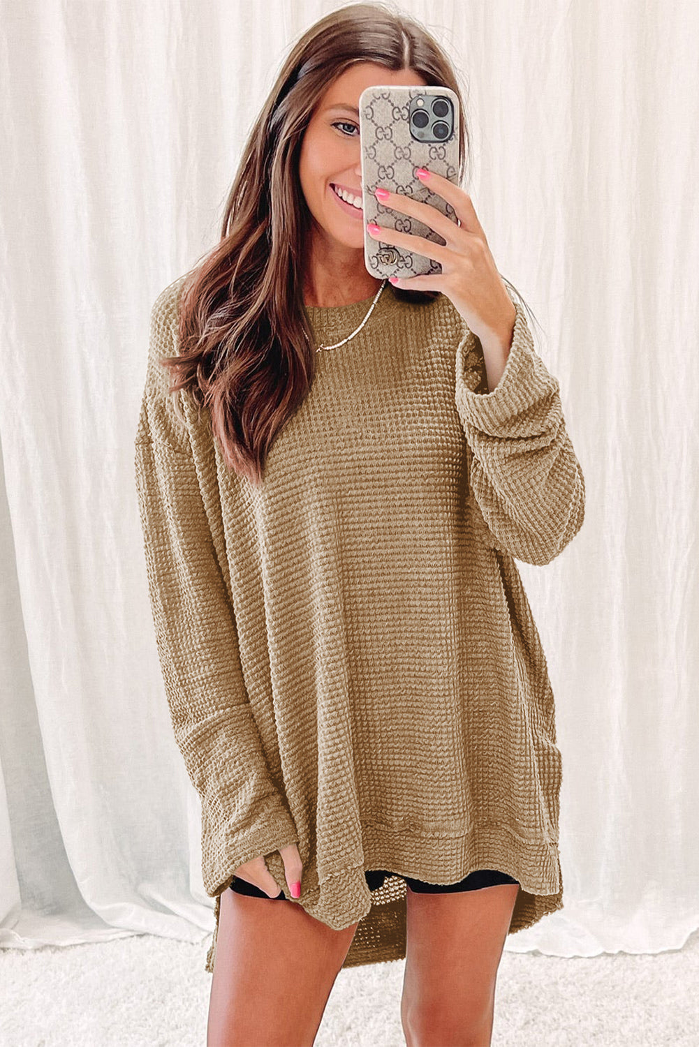 Gray Waffle Knit High Slits Oversized Top