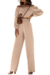 Khaki Long Puff Sleeve High Waist Crinkle Two Piece Set