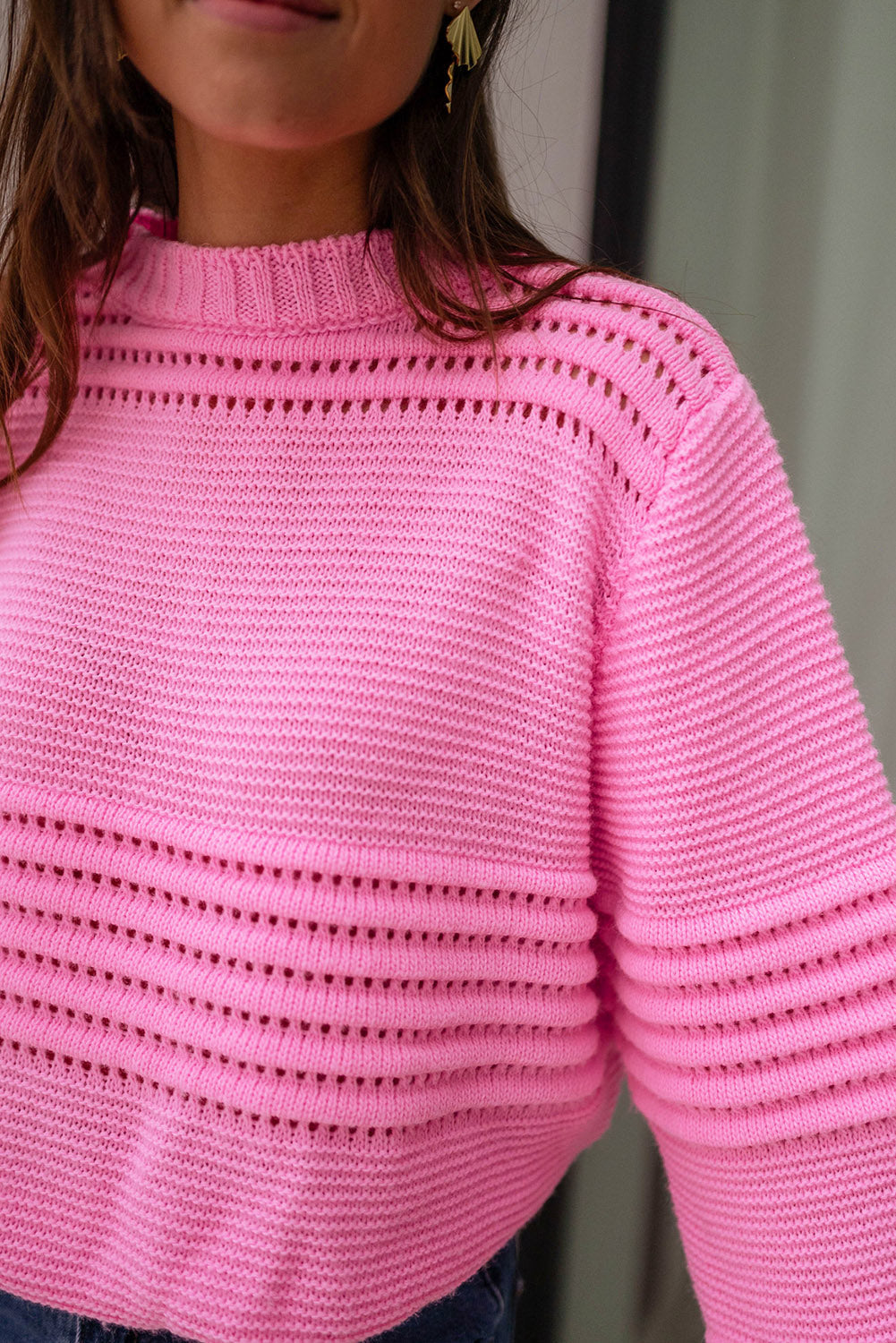 Pink Solid Color Cable Knit Eyelets Mock Neck Sweater