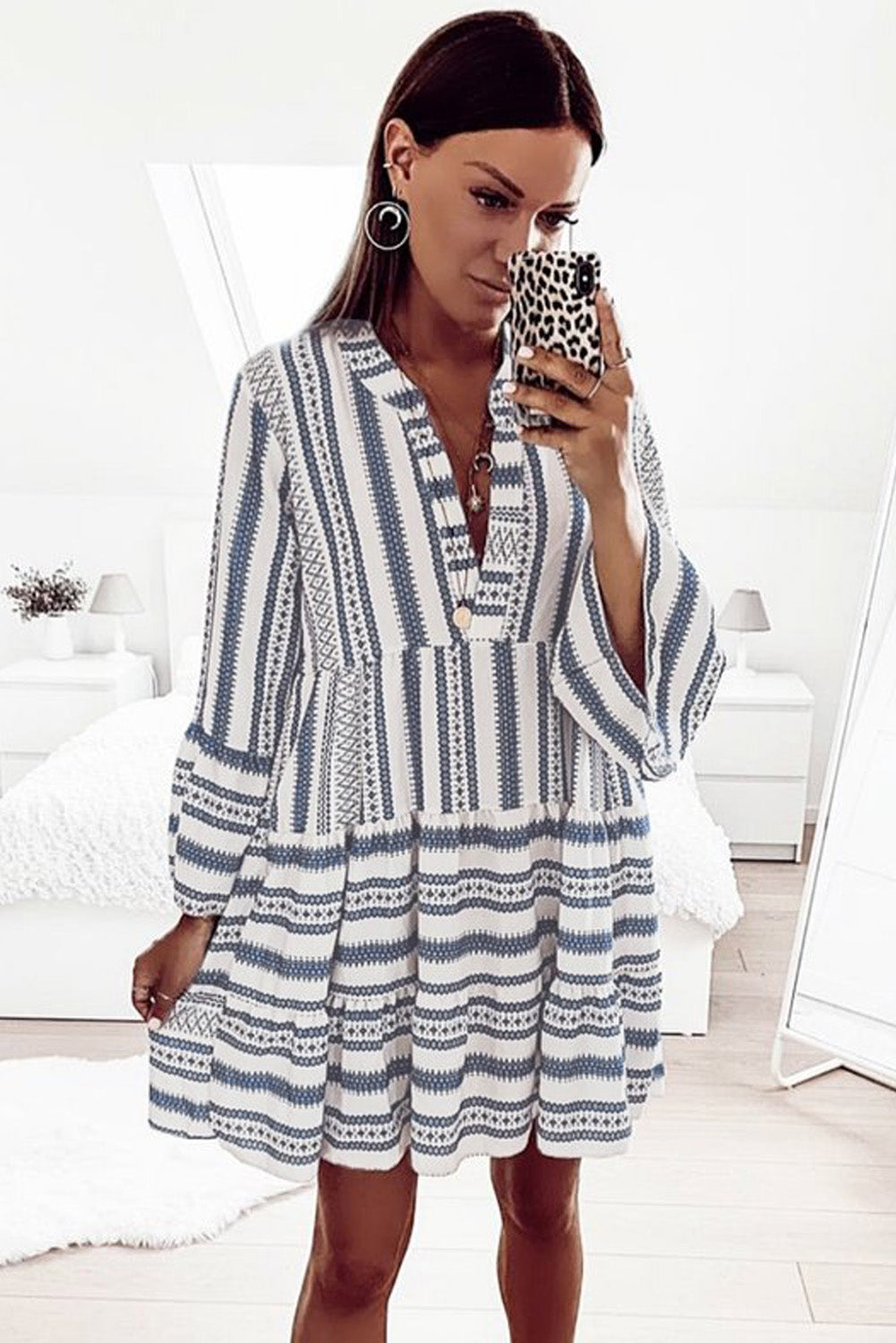 Blue Geometric Print V neck Flare Half Sleeve Ruffle Swing Mini Dress