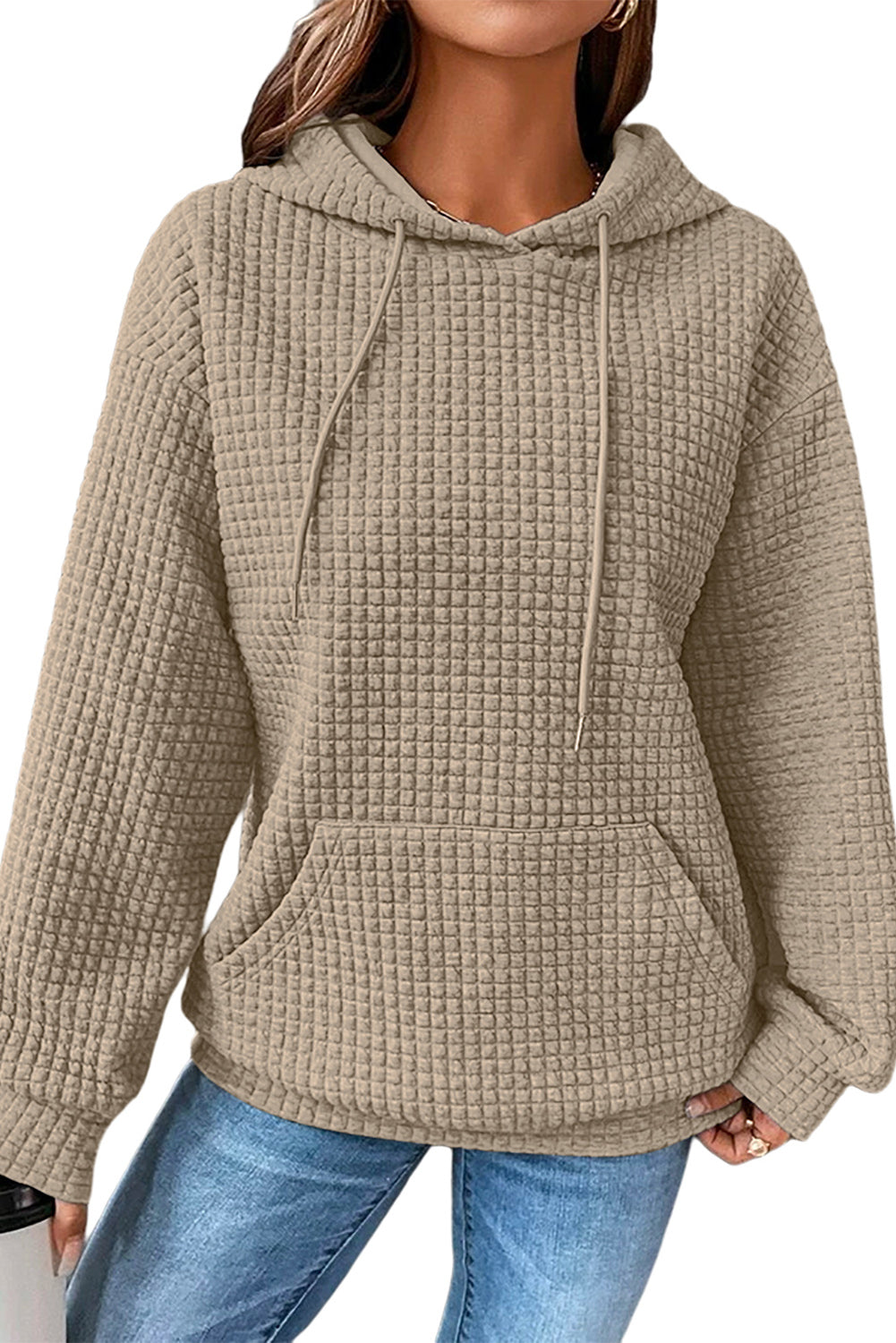 Gray Quilted Kangaroo Pocket Drawstring Hoodie