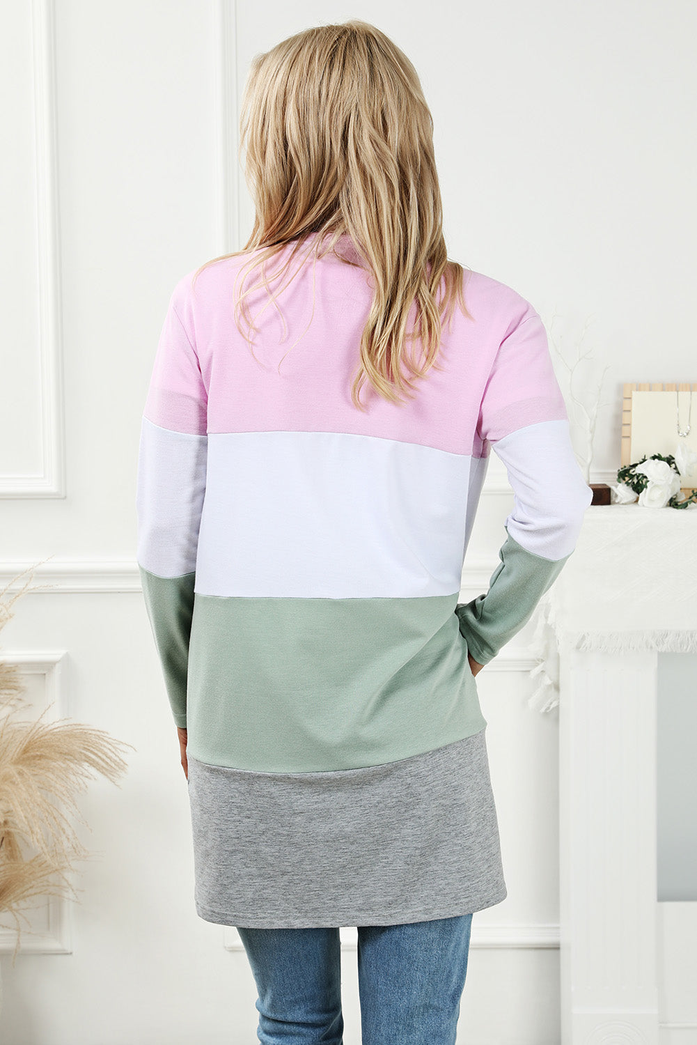 Pink Plus Size Colorblock Open Front Cardigan