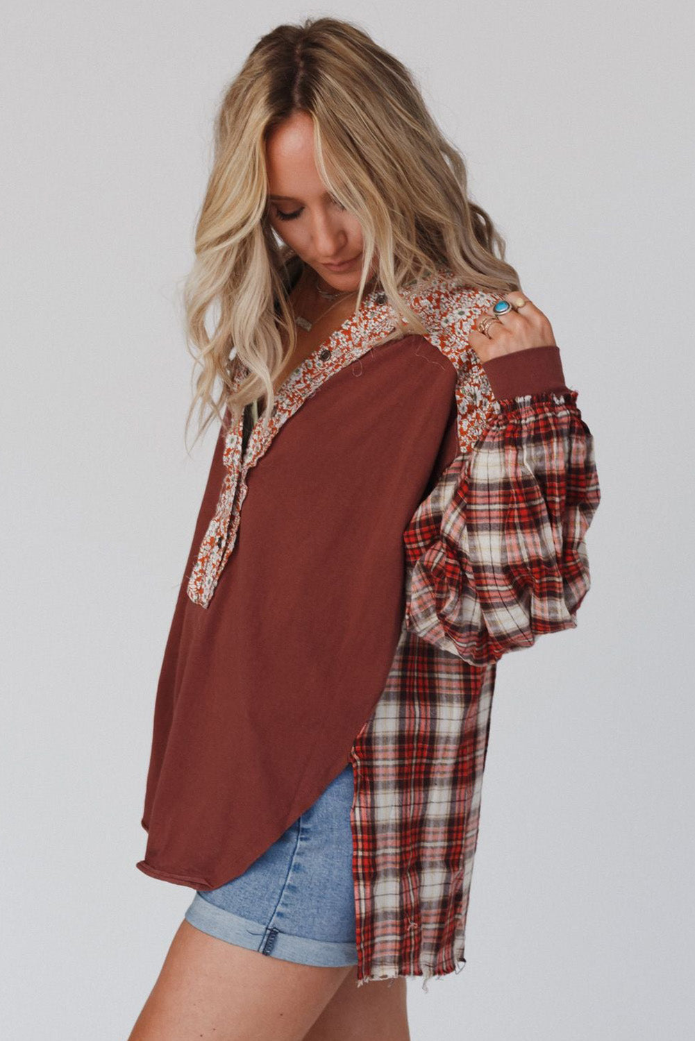 Red Floral Plaid Mixed Print Bishop Sleeve Patchwork Top