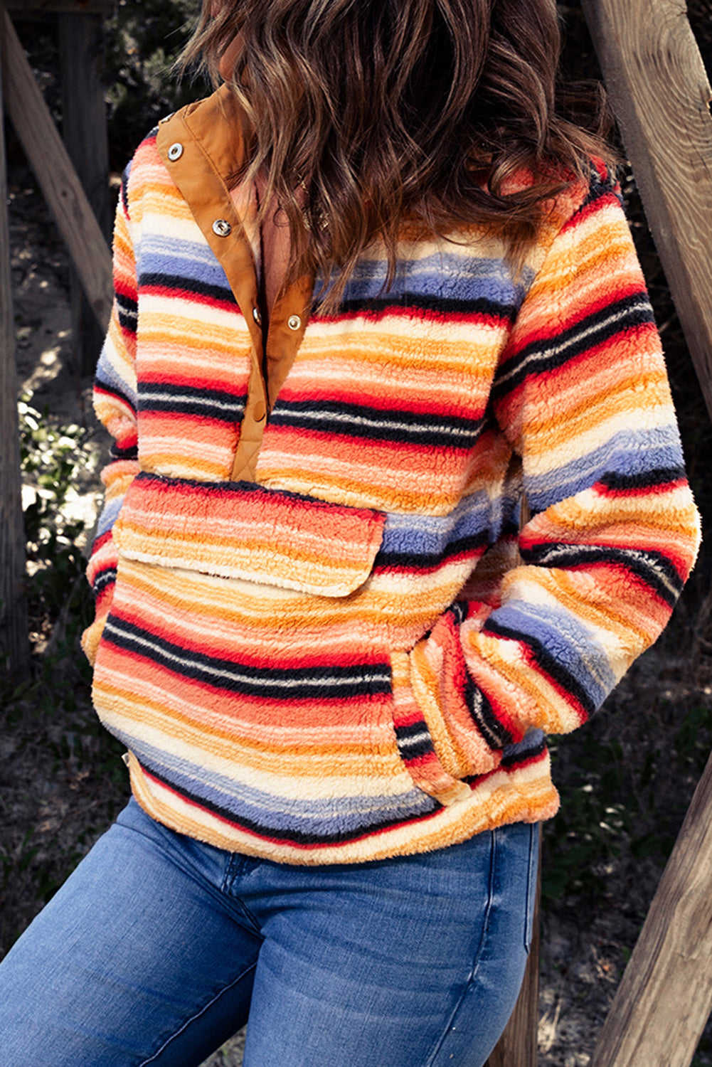 Multicolor Striped Kangaroo Pocket Buttoned Sherpa Sweatshirt