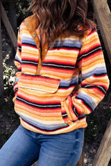 Multicolor Striped Kangaroo Pocket Buttoned Sherpa Sweatshirt