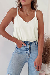 White Scalloped V Neck Embroidered Camisole Top