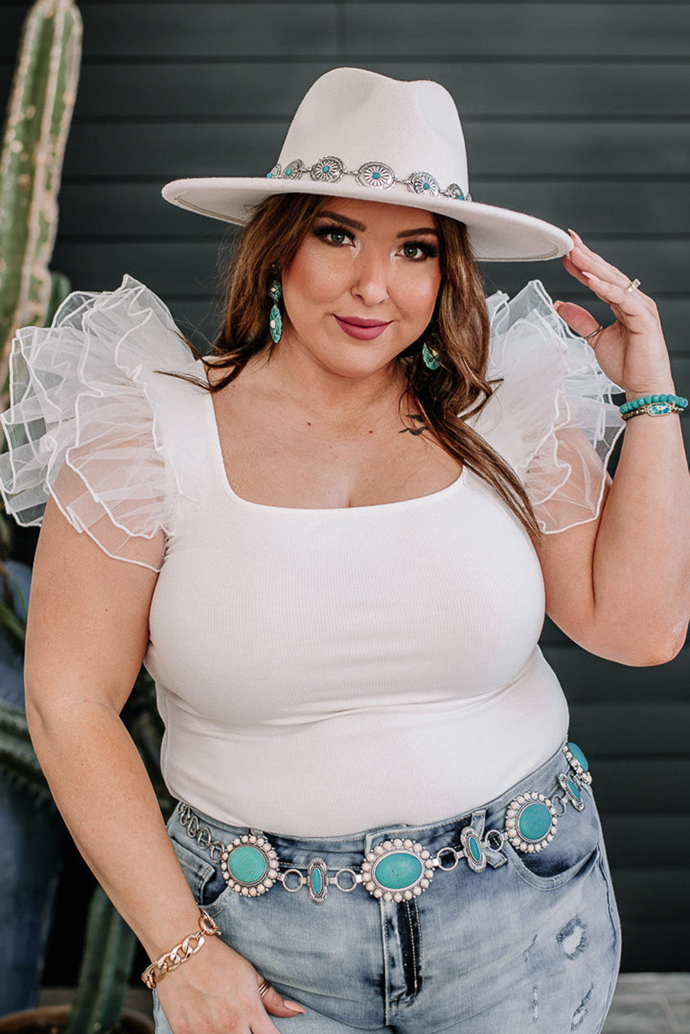 White Ribbed Knit Tulle Ruffle Sleeve Plus Size Bodysuit