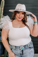 White Ribbed Knit Tulle Ruffle Sleeve Plus Size Bodysuit