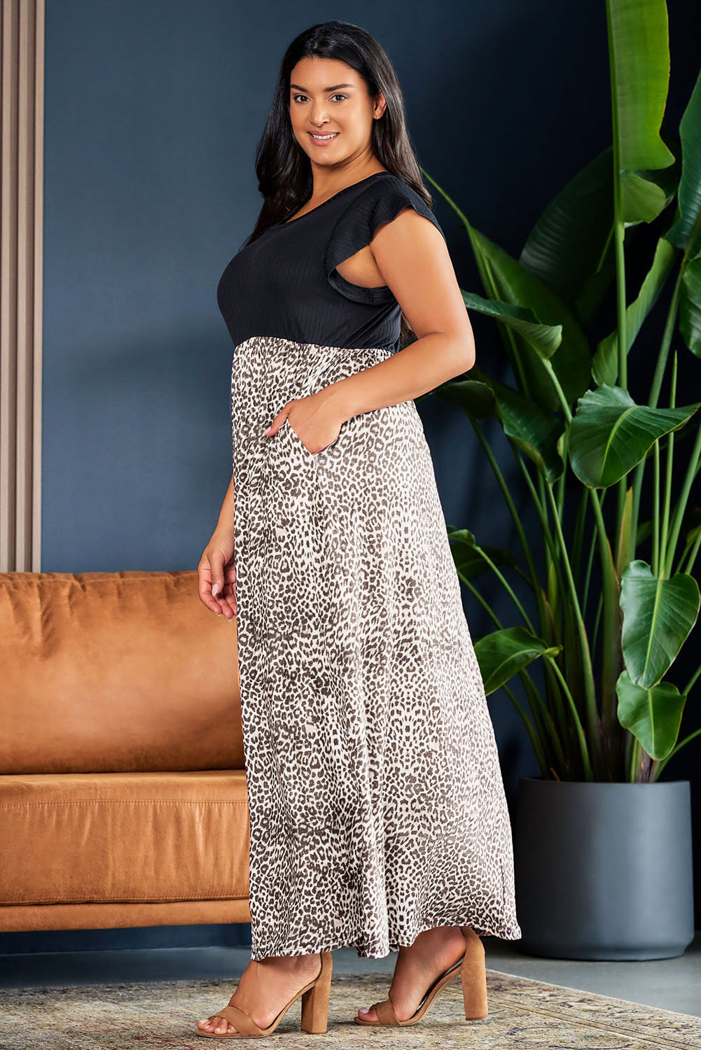 Gray Leopard Patchwork Ribbed Maxi Dress with Pockets