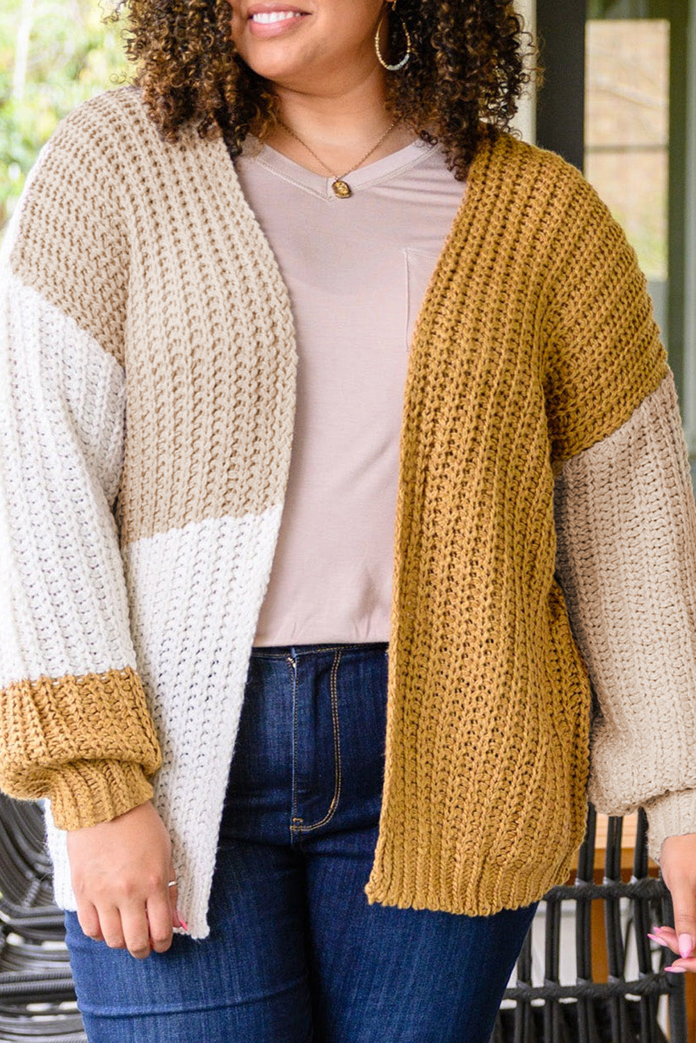 White Color Block Knitted Open Front Plus Size Cardigan