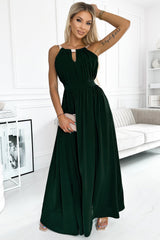 Green Glitter Trim Cutout Strapless Slit Party Dress