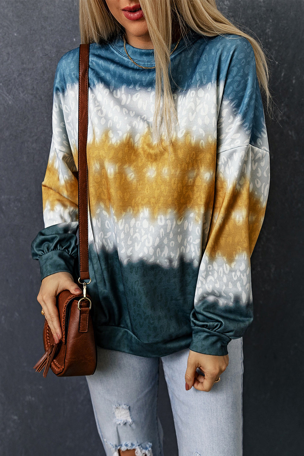 Multicolor Leopard Tie Dye Color Block Pullover Sweatshirt