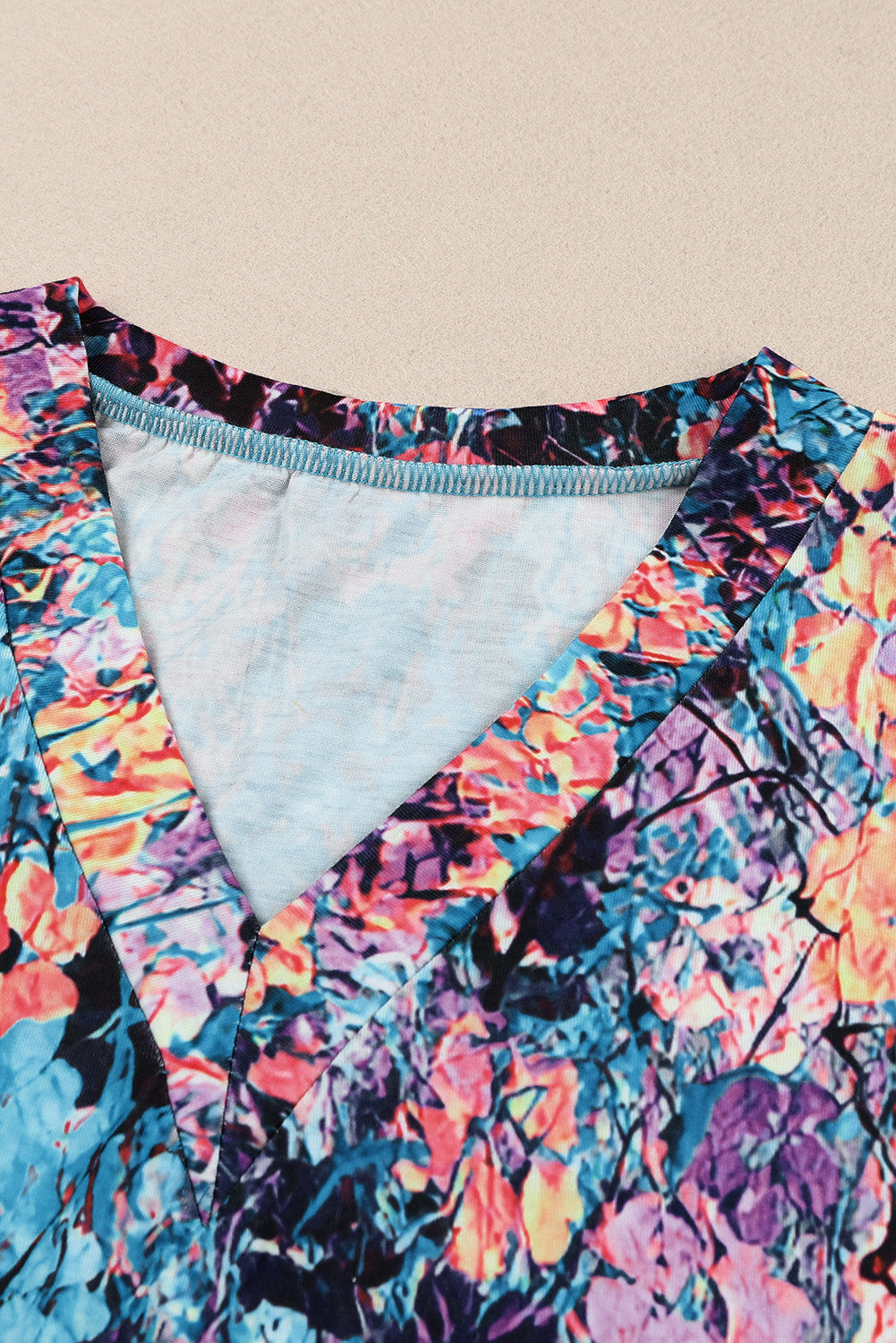Blue Floral Print V Neck Long Sleeve Top