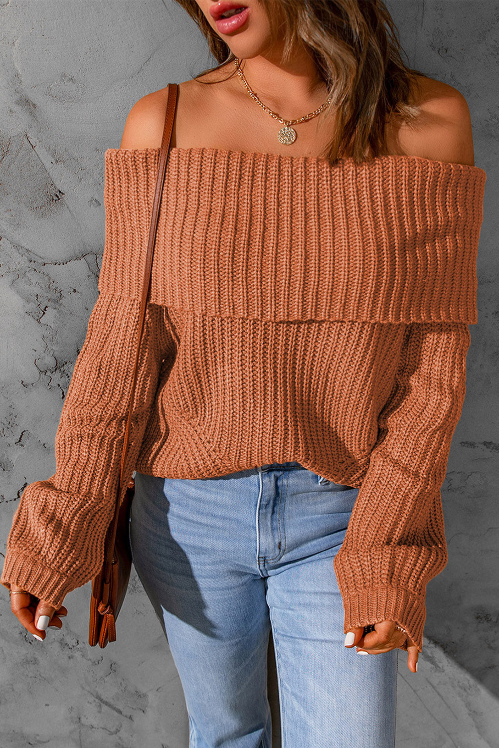 Brown Ribbed Knit Off Shoulder Sweater