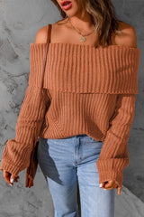 Brown Ribbed Knit Off Shoulder Sweater