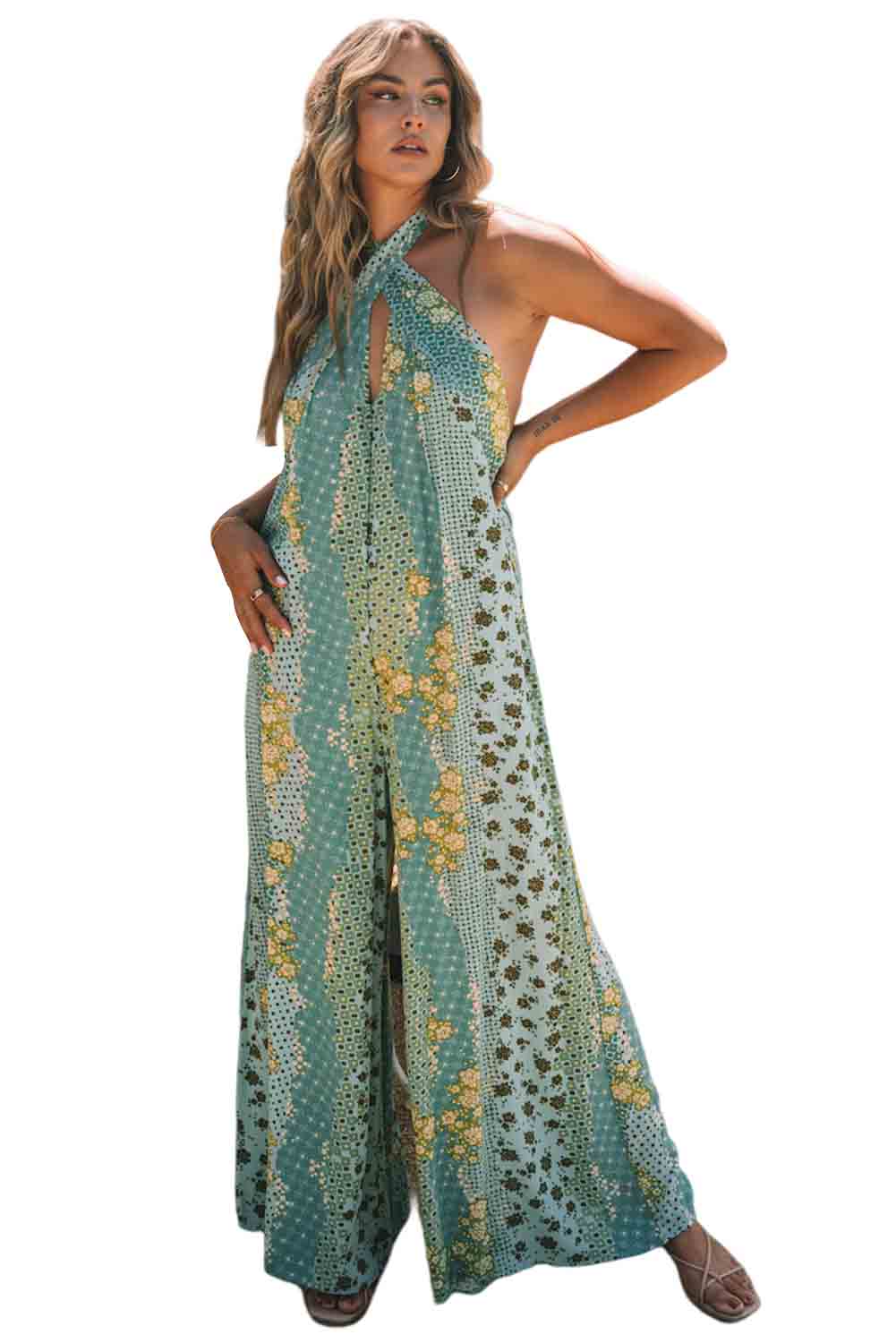 Sky Blue Boho Print Cut-out Halter Neck Backless Jumpsuit