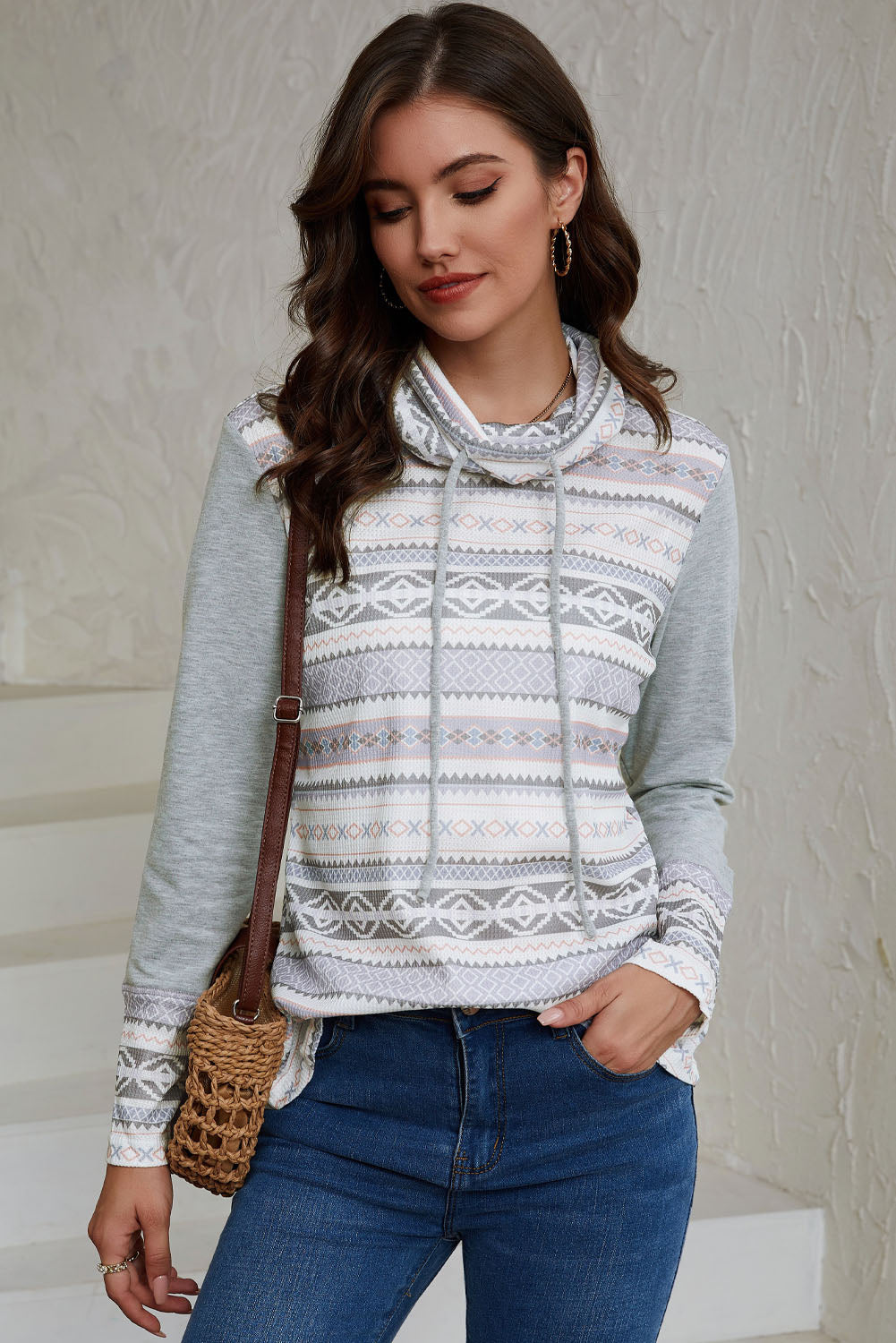 Gray Aztec Print Amicg Knit Cowl Neck Sweatshirt