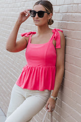 Pink Knotted Straps Peplum Tank Top