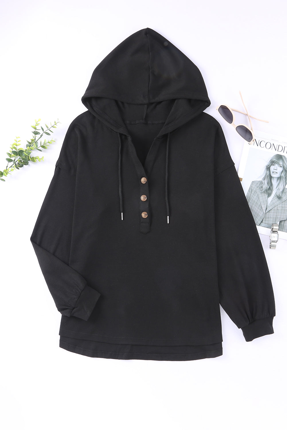 Buttoned High and Low Hem Hoodie