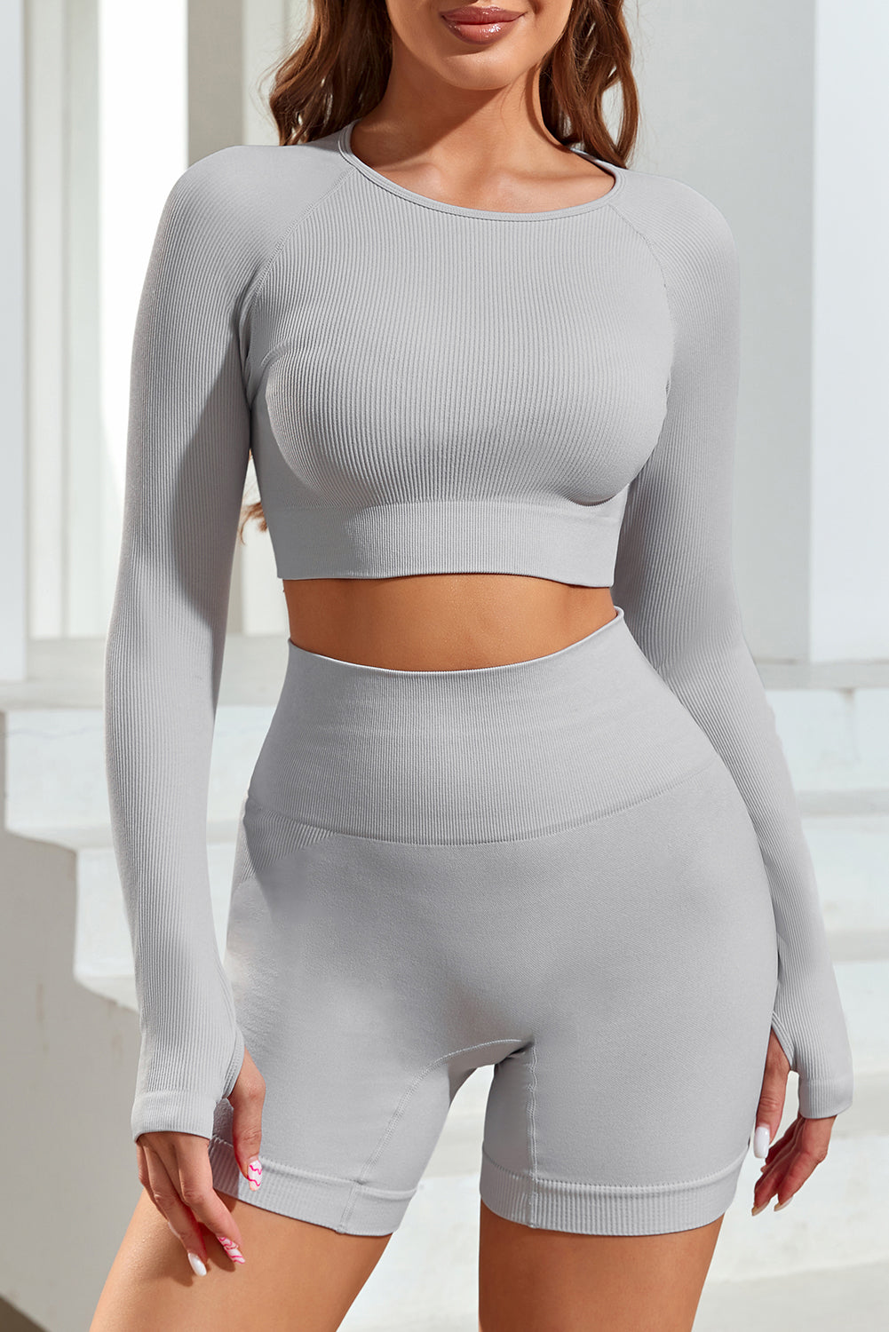 Gray Long Sleeve Seamless Crop Smoke