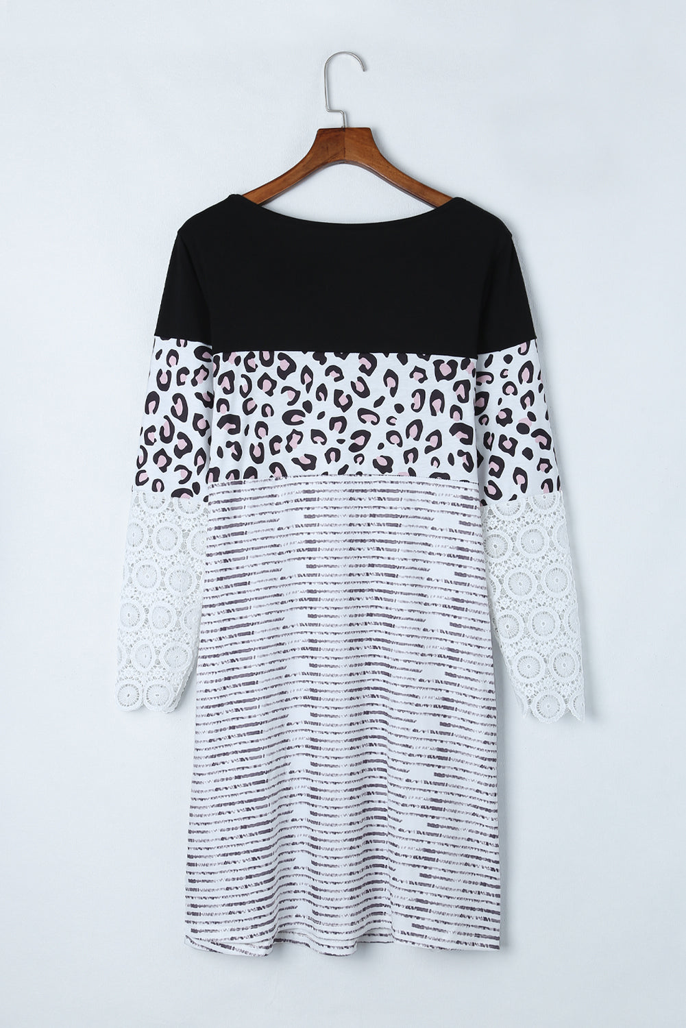 Black Striped Leopard Patchwork Lace T Shirt Dress