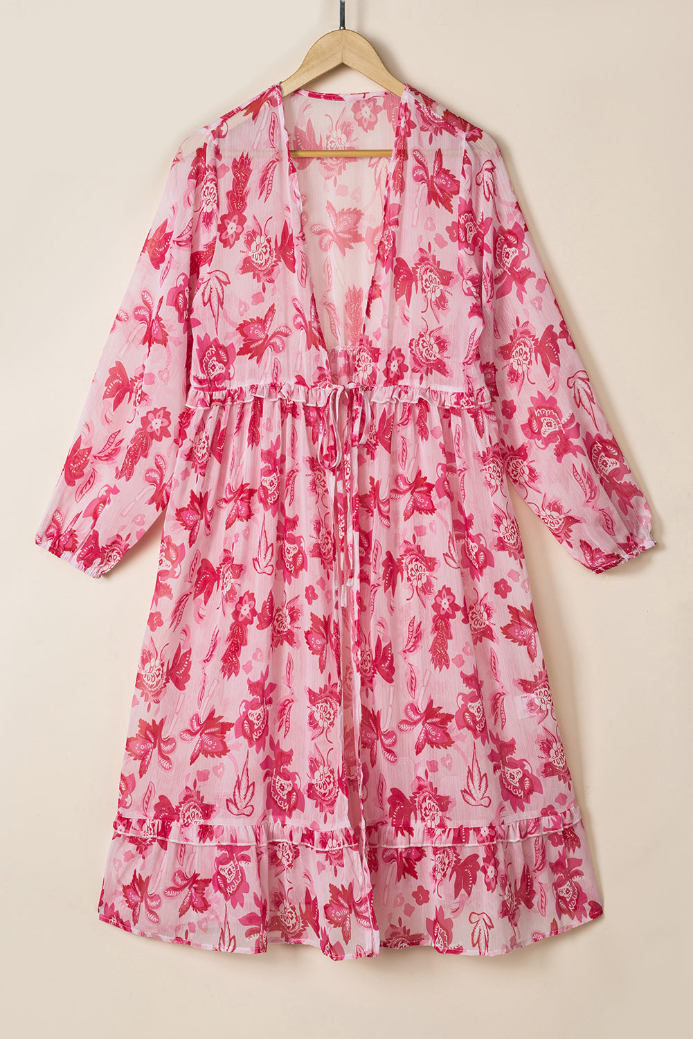 Pink Sweet Floral Print Frill Hem Puff Sleeve Cover Up