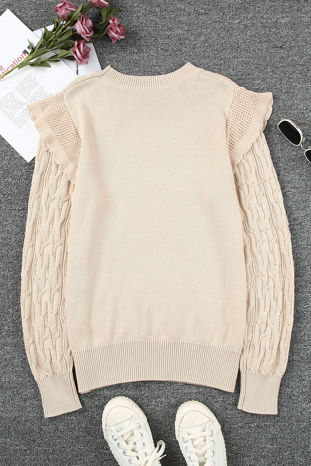 Green Frilled Shoulder Detail Cable Knit Sweater