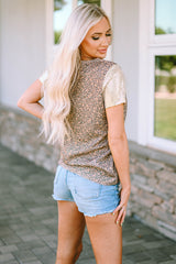 Leopard Leopard Print Sequin Patchwork T Shirt