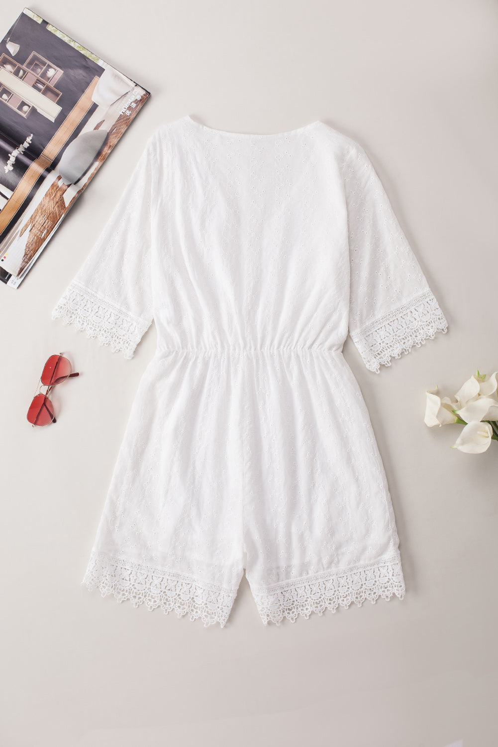 White V Neck Lace Trim Embroidered High Waist Romper