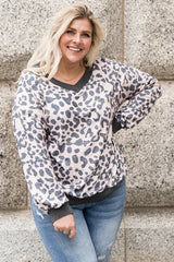 Khaki Leopard Print V Neck Loose Plus Size Blouse