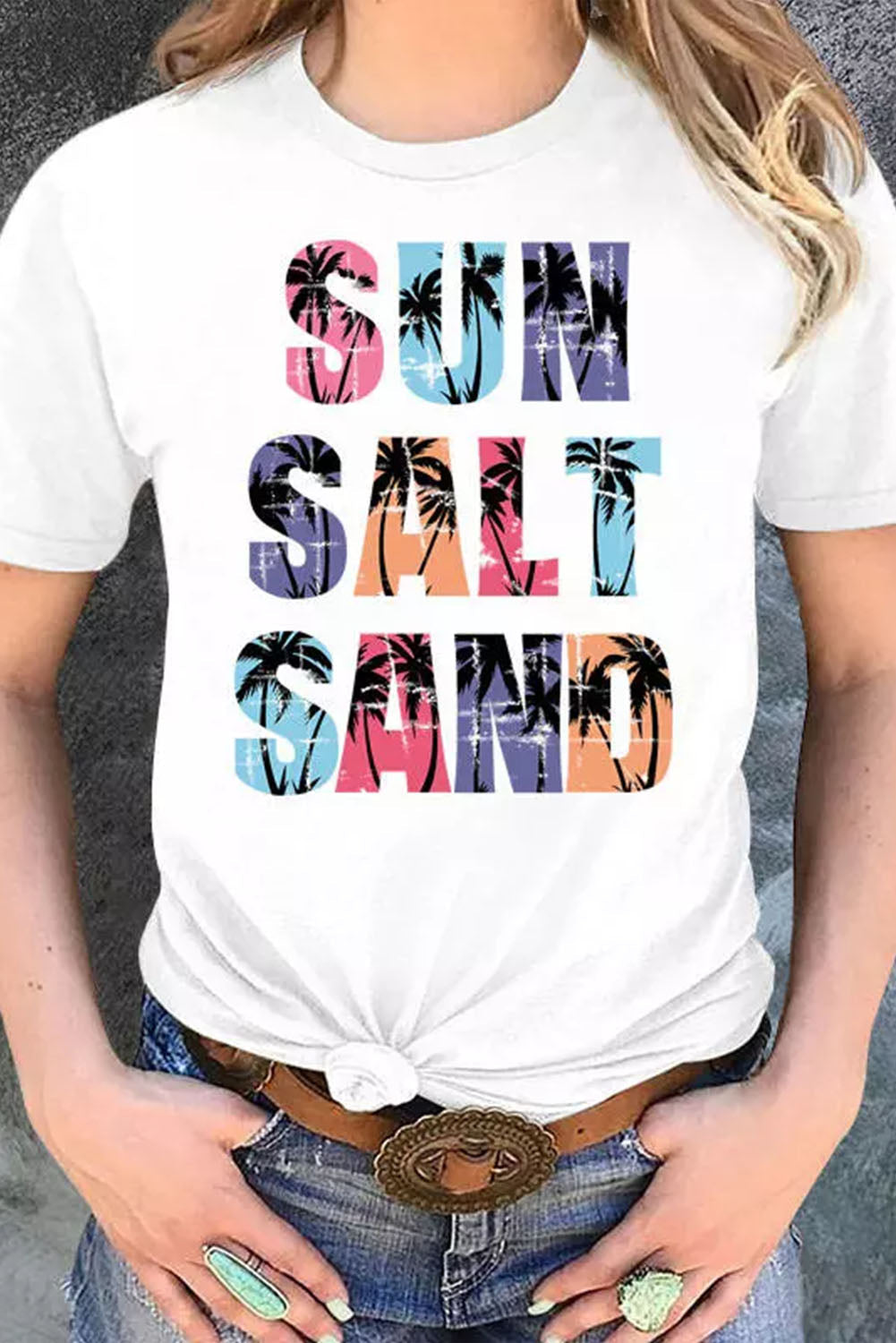 White Coconut Tree SUN SALT SAND Graphic Tee