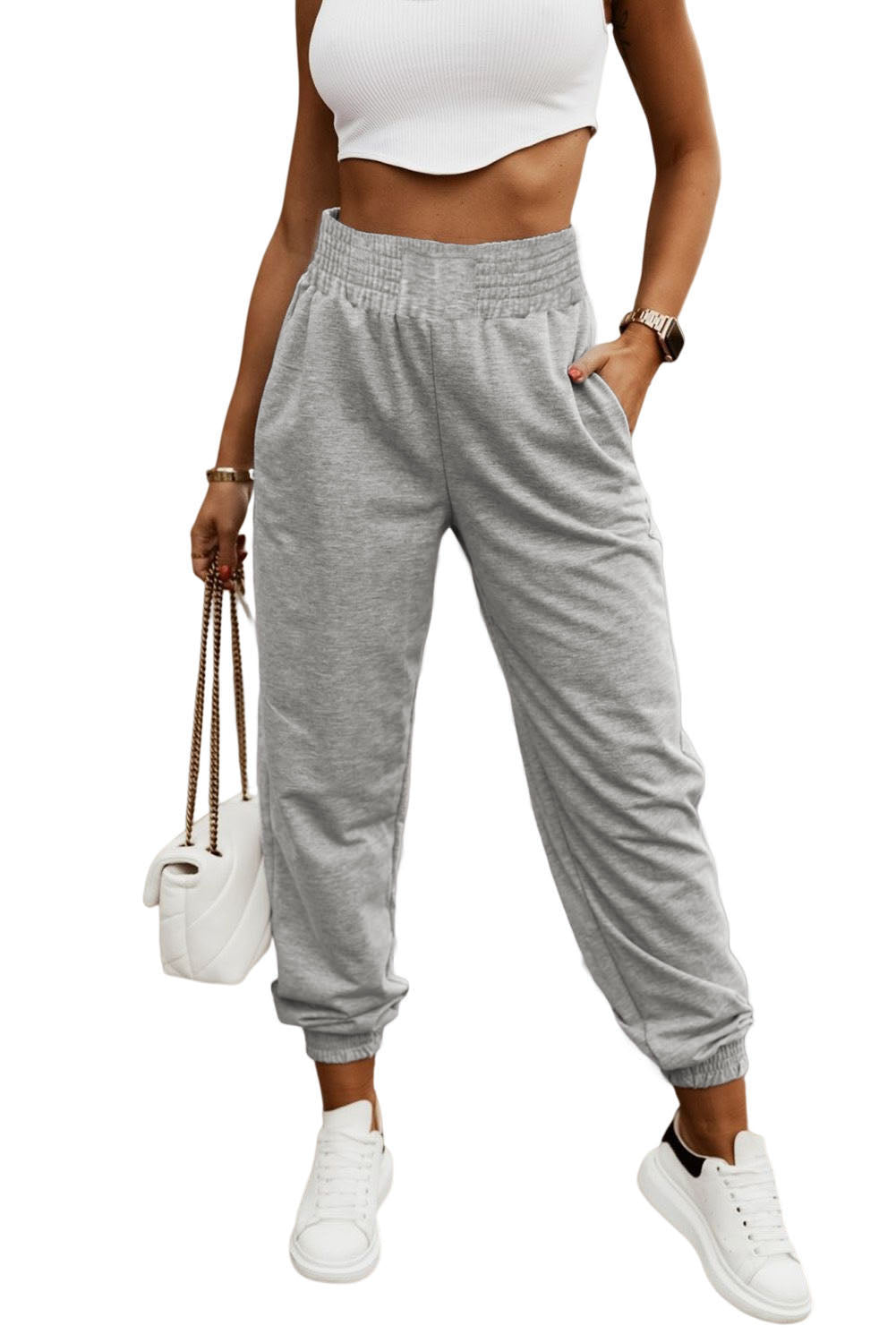 Gray Smocked High Waist Jogger Pants