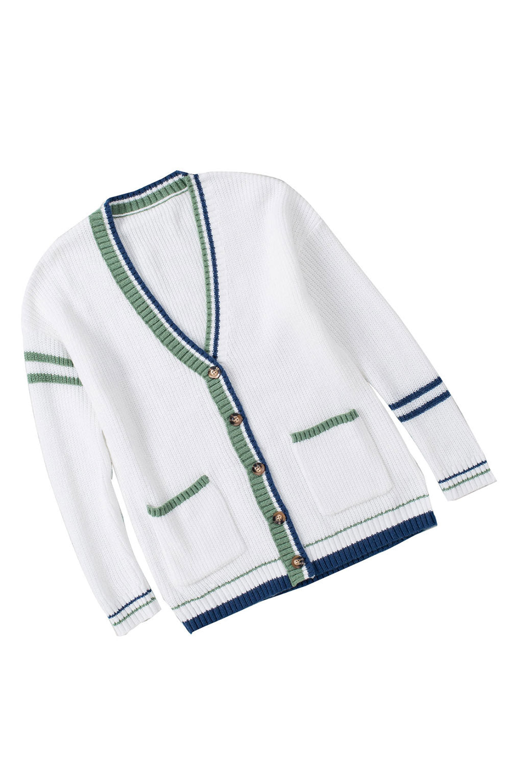 White Striped Buttoned Pocketed Drop Shoulder Sweater