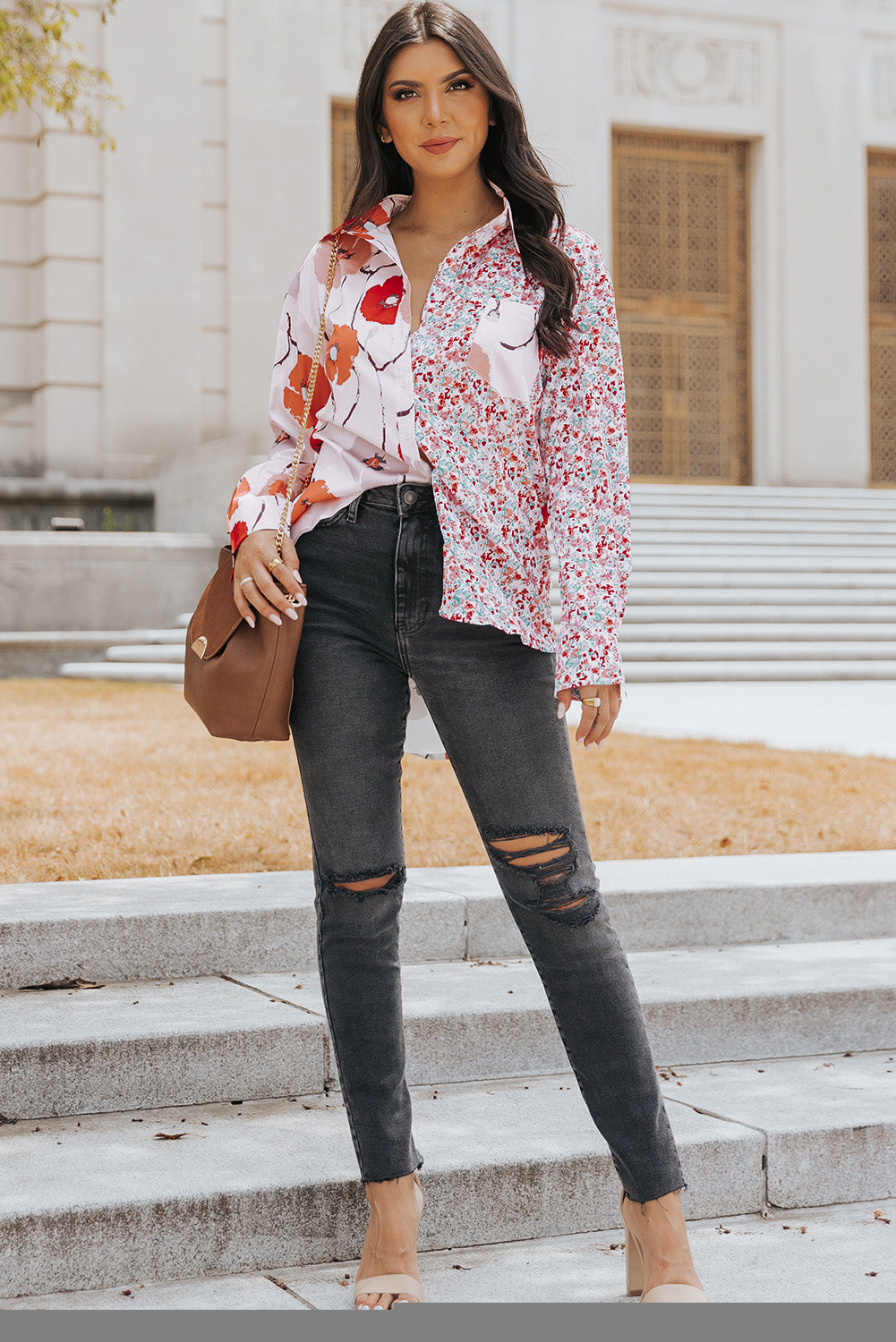 Red Floral Patchwork Buttoned Shirt with Pocket