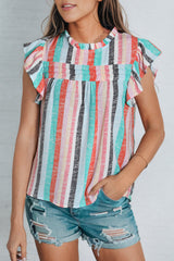 Green Striped Color Block Ruffled O-neck Sleeveless Top