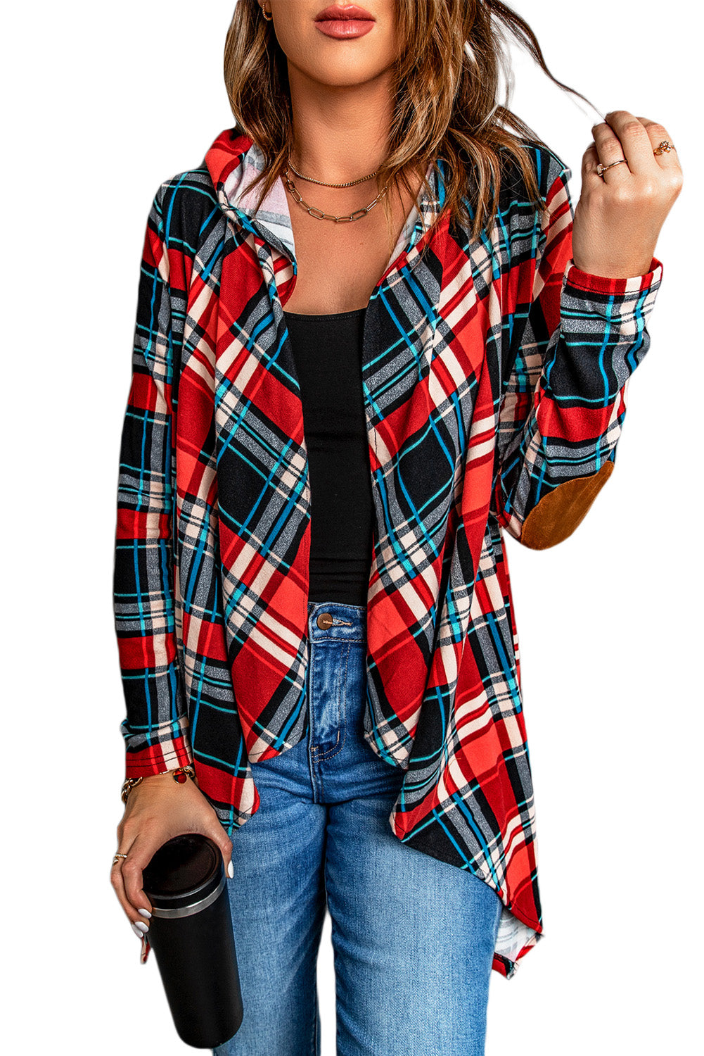 Suede Elbow Patch Hooded Plaid Cardigan