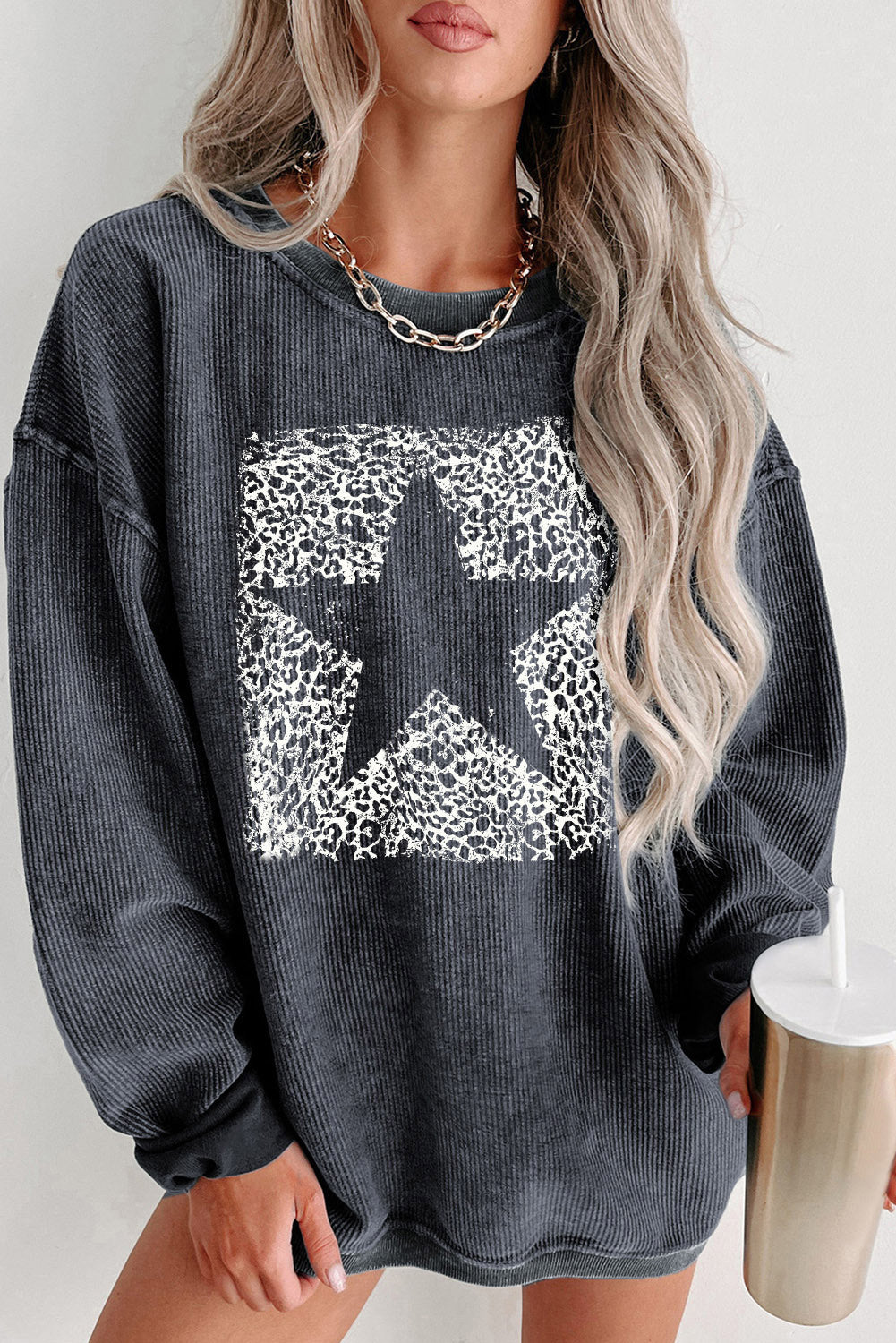 Gray Solid Ribbed Knit Round Neck Pullover Sweatshirt