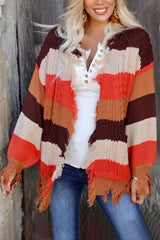 Multicolor Striped Knit Frayed Hem Cardigan