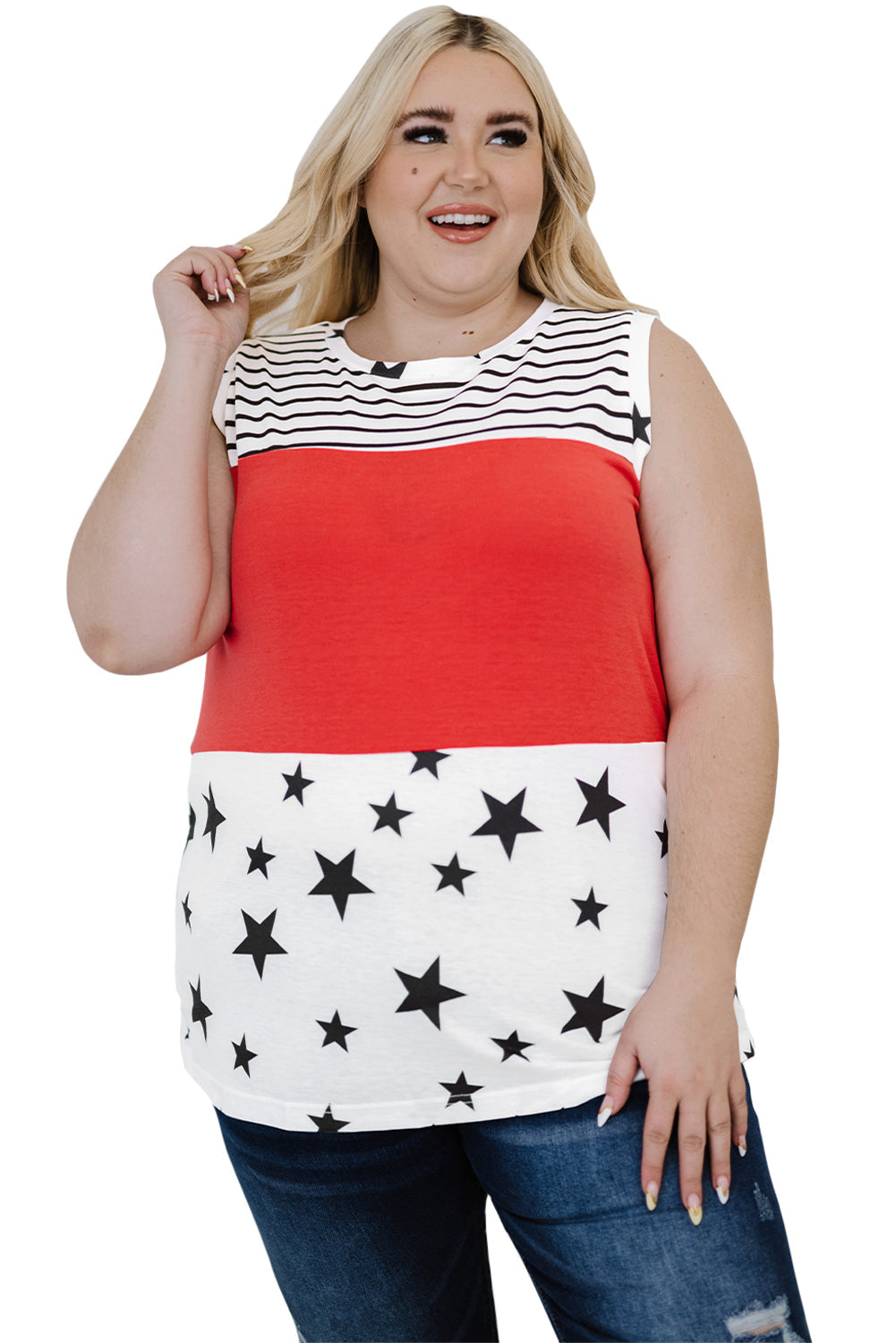 White Patriotic Stripes Stars Print Sleeveless Plus Size Top