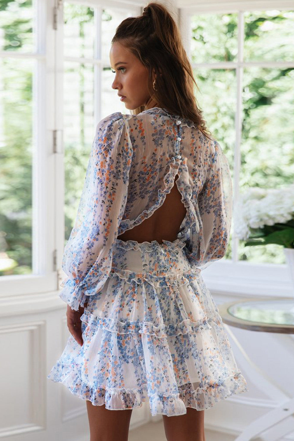 Blue Ruffle Detailing Open Back Floral Dress