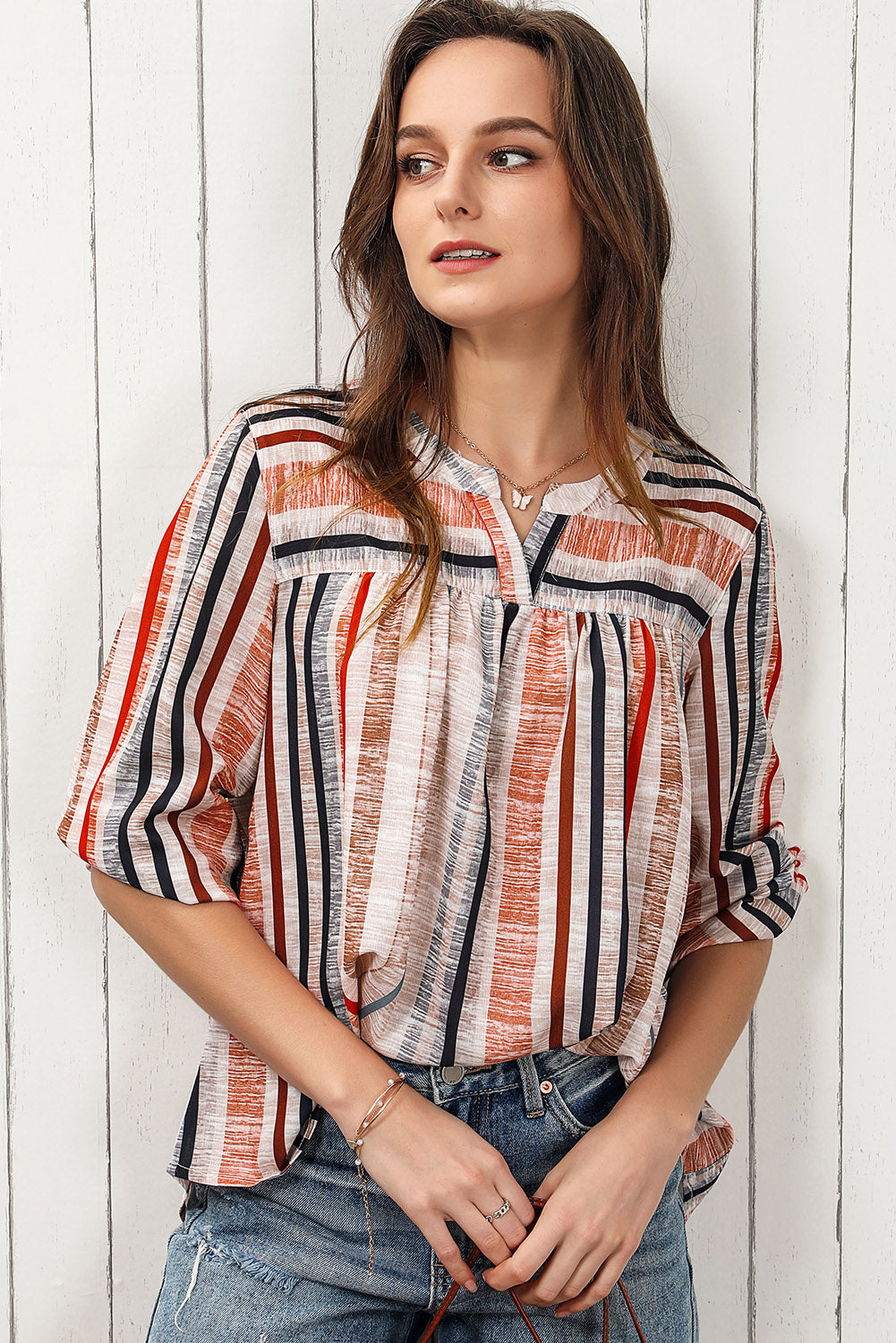 Multicolor Striped 3/4 Sleeve Blouse