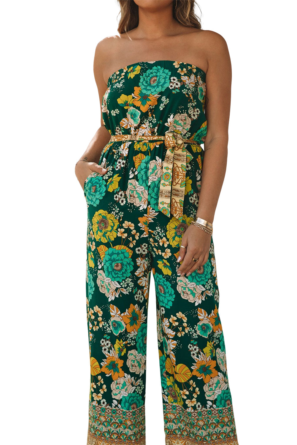 Green Boho Floral Belted Strapless Jumpsuit