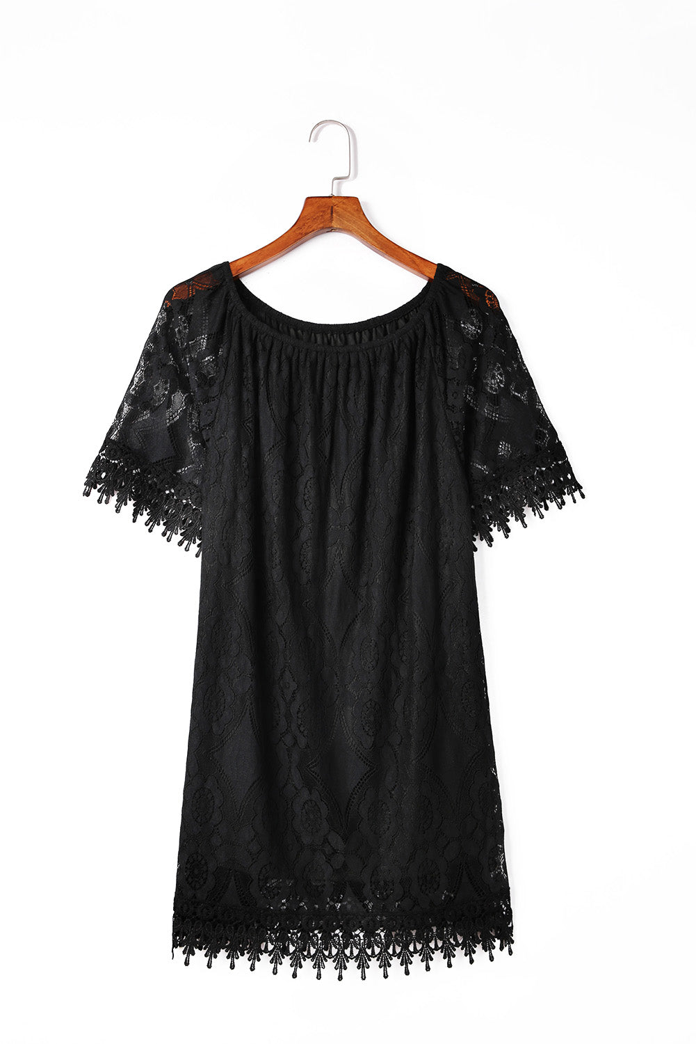 Black Round Neck Short Sleeve Loose Lace Dress