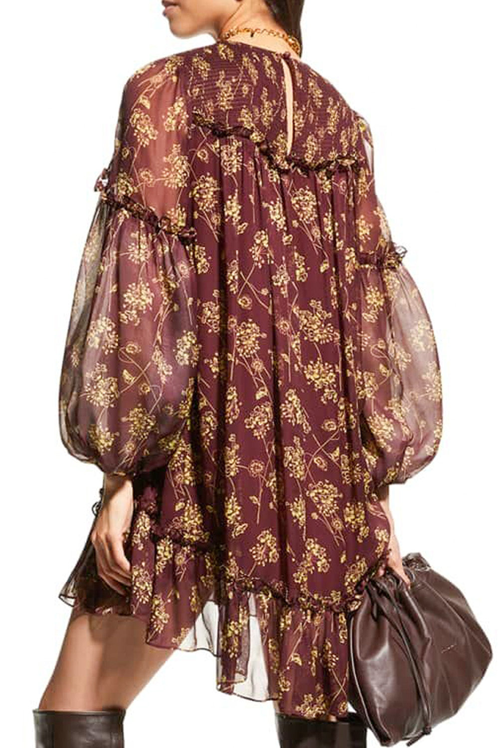 Red Ruffled Puff Sleeve High Low Floral Babydoll Dress