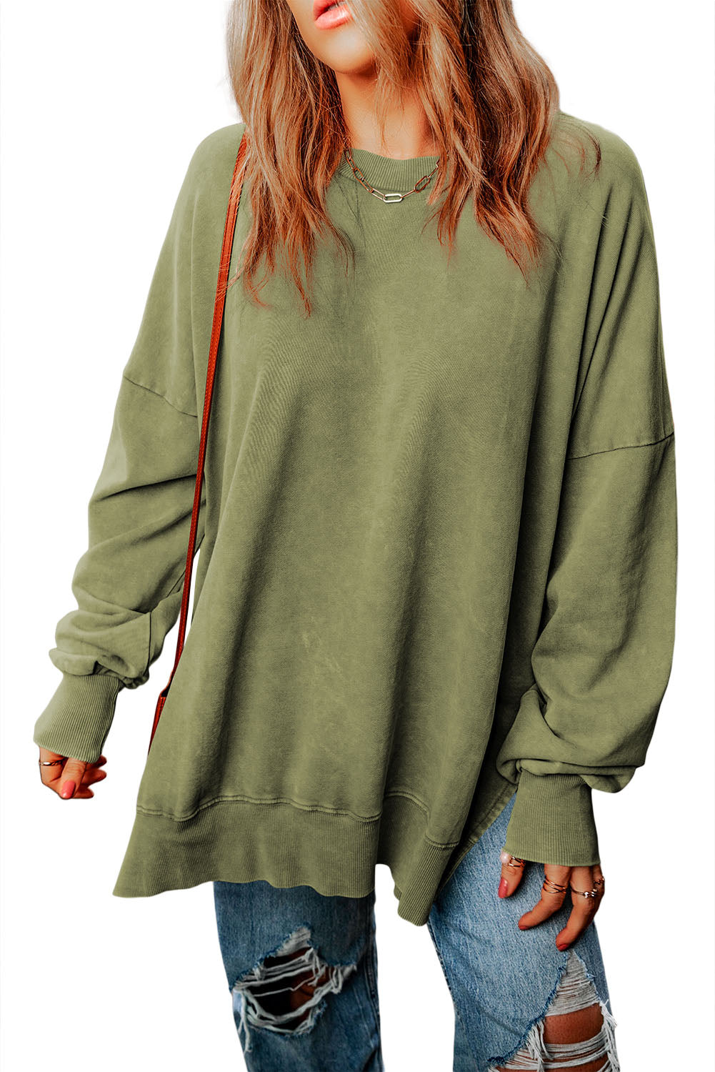 Khaki Drop Shoulder Ribbed Trim Oversized Sweatshirt