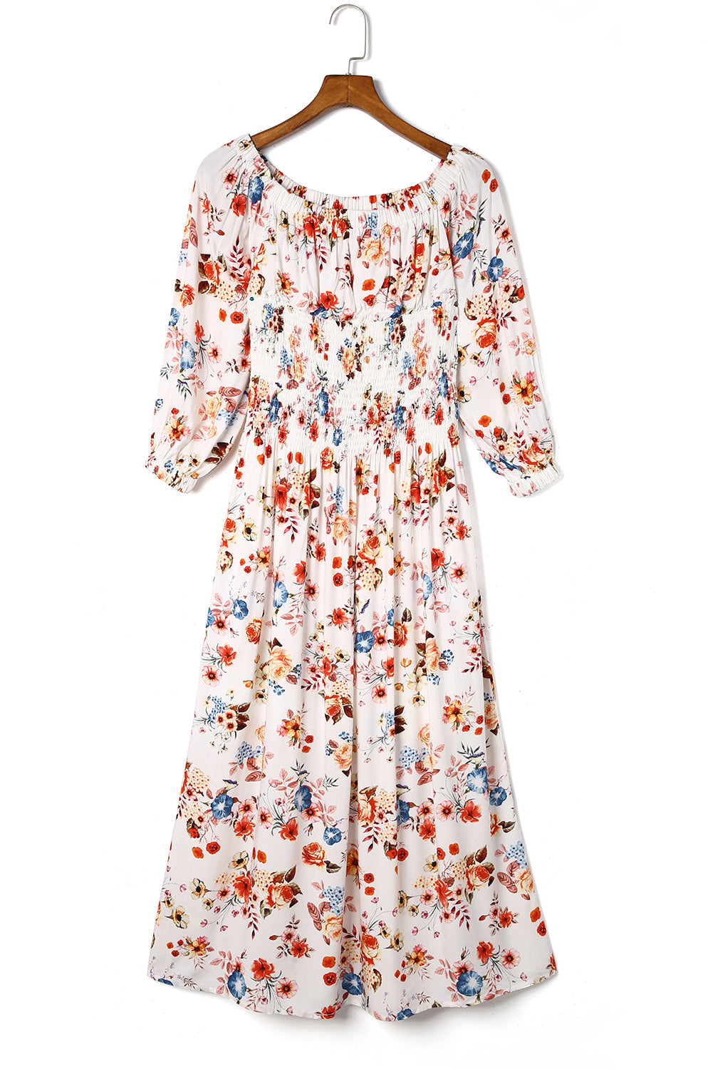 White Off Shoulder Smocked Waist Floral Dress